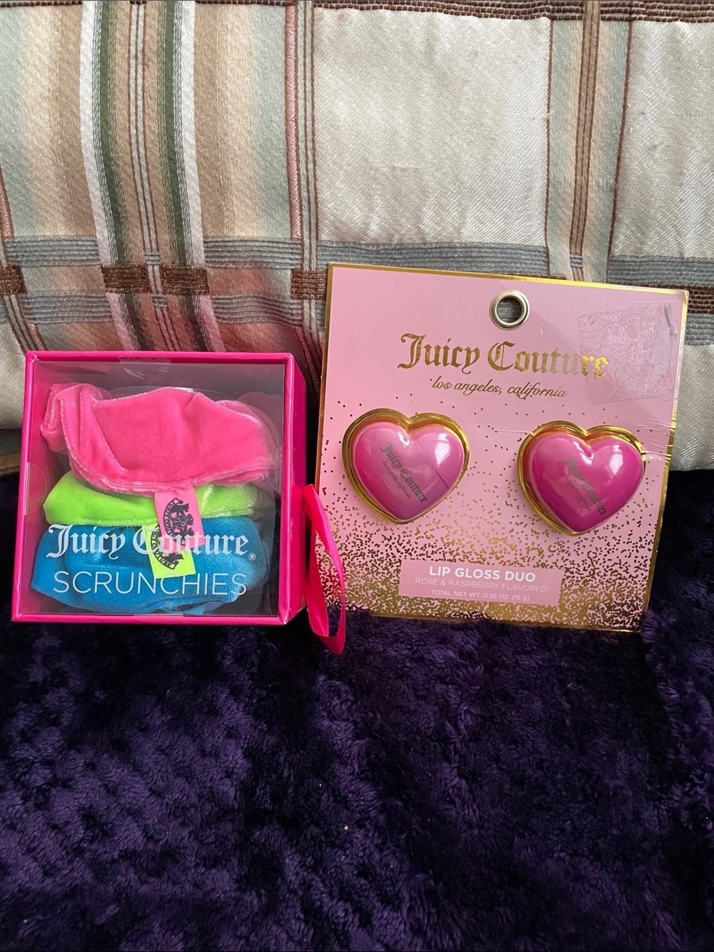 Juicy Couture Pink Heart Lip Gloss Duo with Neon Scrunchie Set NEW